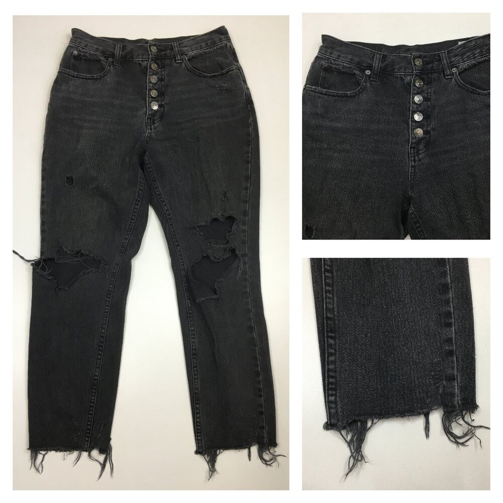 WE THE FREE Black Button Fly Distressed Raw Hem High Rise Waist Jeans